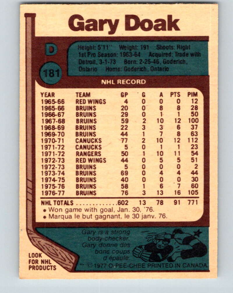 1977-78 O-Pee-Chee #181 Gary Doak Boston Bruins V14197