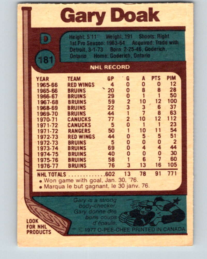 1977-78 O-Pee-Chee #181 Gary Doak Boston Bruins V14198