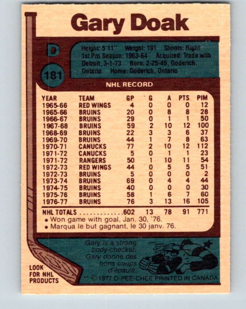 1977-78 O-Pee-Chee #181 Gary Doak Boston Bruins V14200
