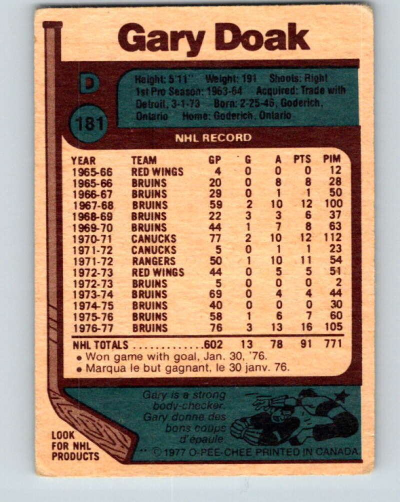 1977-78 O-Pee-Chee #181 Gary Doak Boston Bruins V14201