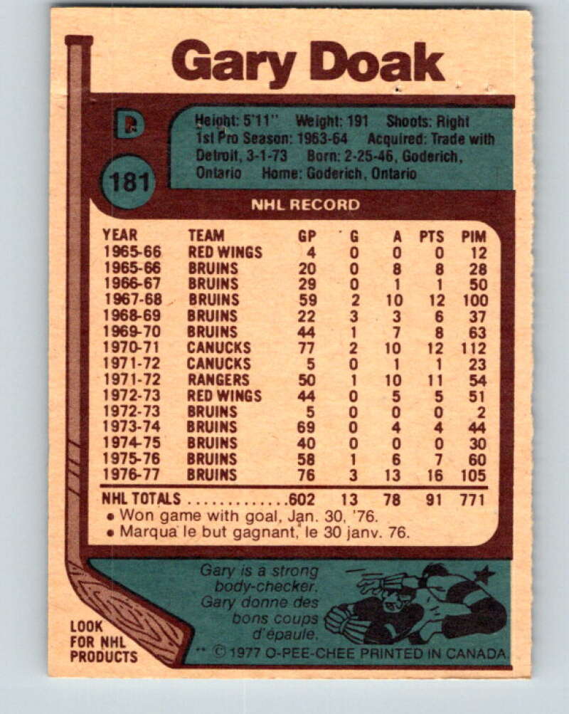 1977-78 O-Pee-Chee #181 Gary Doak Boston Bruins V14202