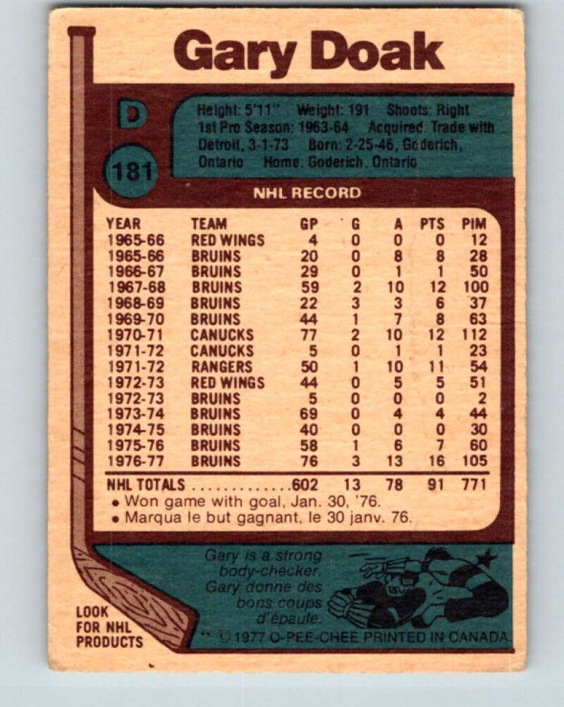 1977-78 O-Pee-Chee #181 Gary Doak Boston Bruins V14203