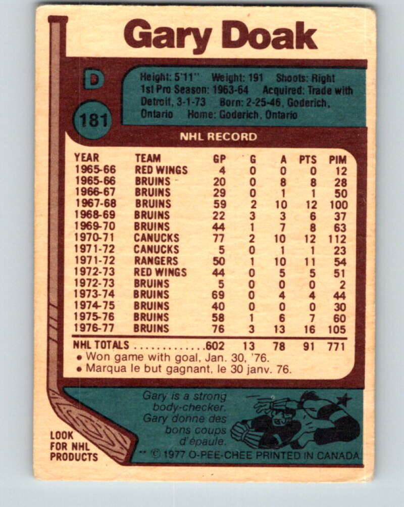 1977-78 O-Pee-Chee #181 Gary Doak Boston Bruins V14204