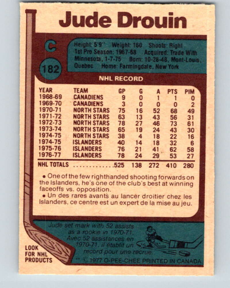 1977-78 O-Pee-Chee #182 Jude Drouin New York Islanders V14205