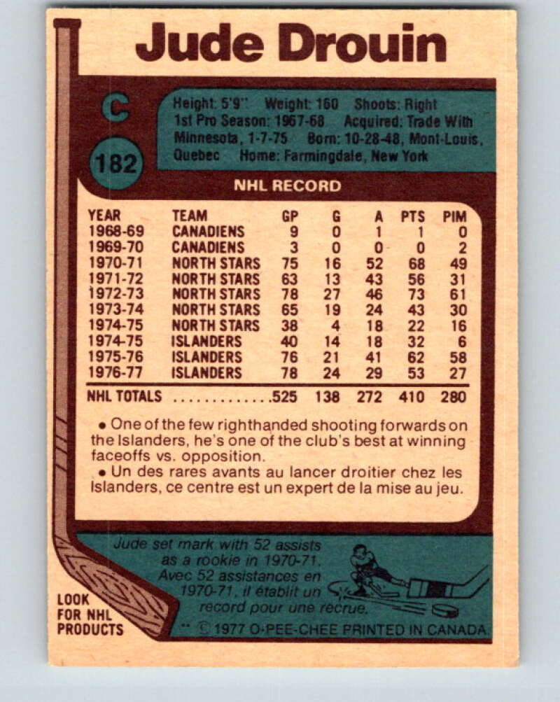 1977-78 O-Pee-Chee #182 Jude Drouin New York Islanders V14206