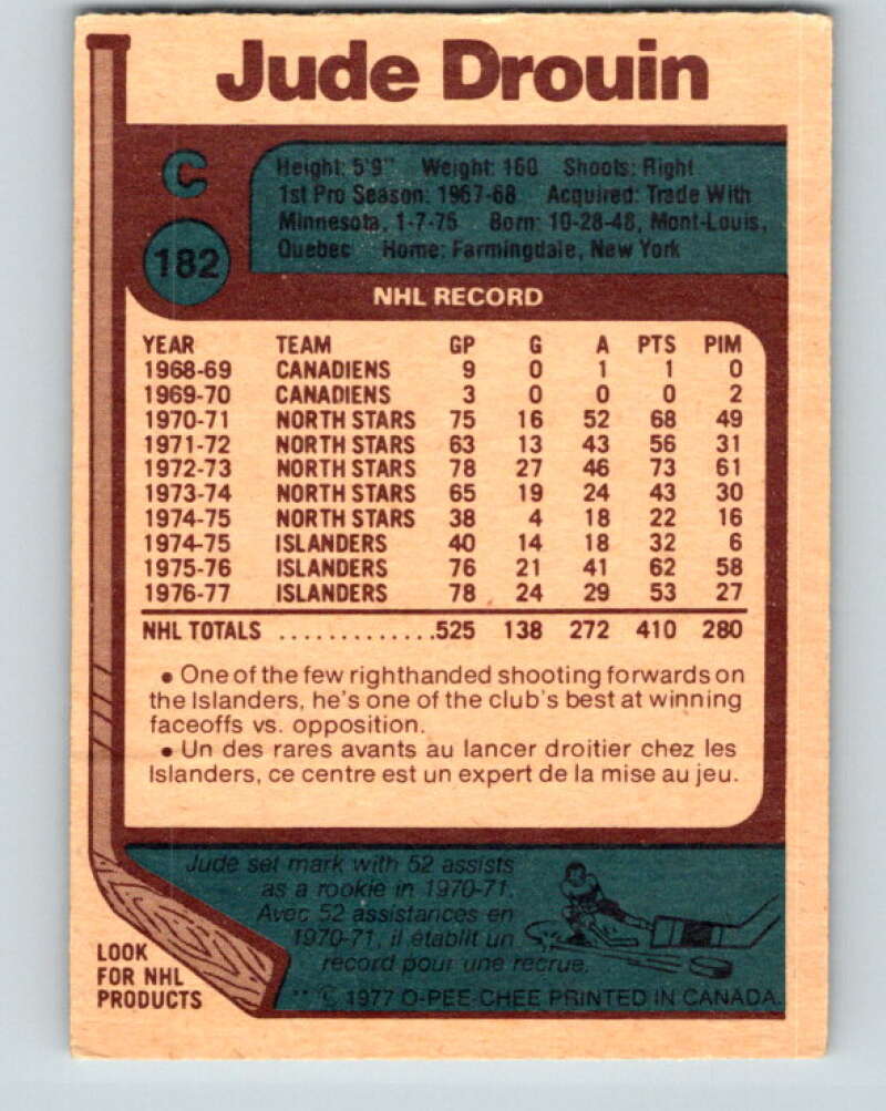 1977-78 O-Pee-Chee #182 Jude Drouin New York Islanders V14208