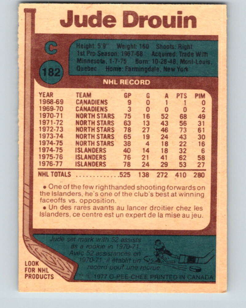 1977-78 O-Pee-Chee #182 Jude Drouin New York Islanders V14209
