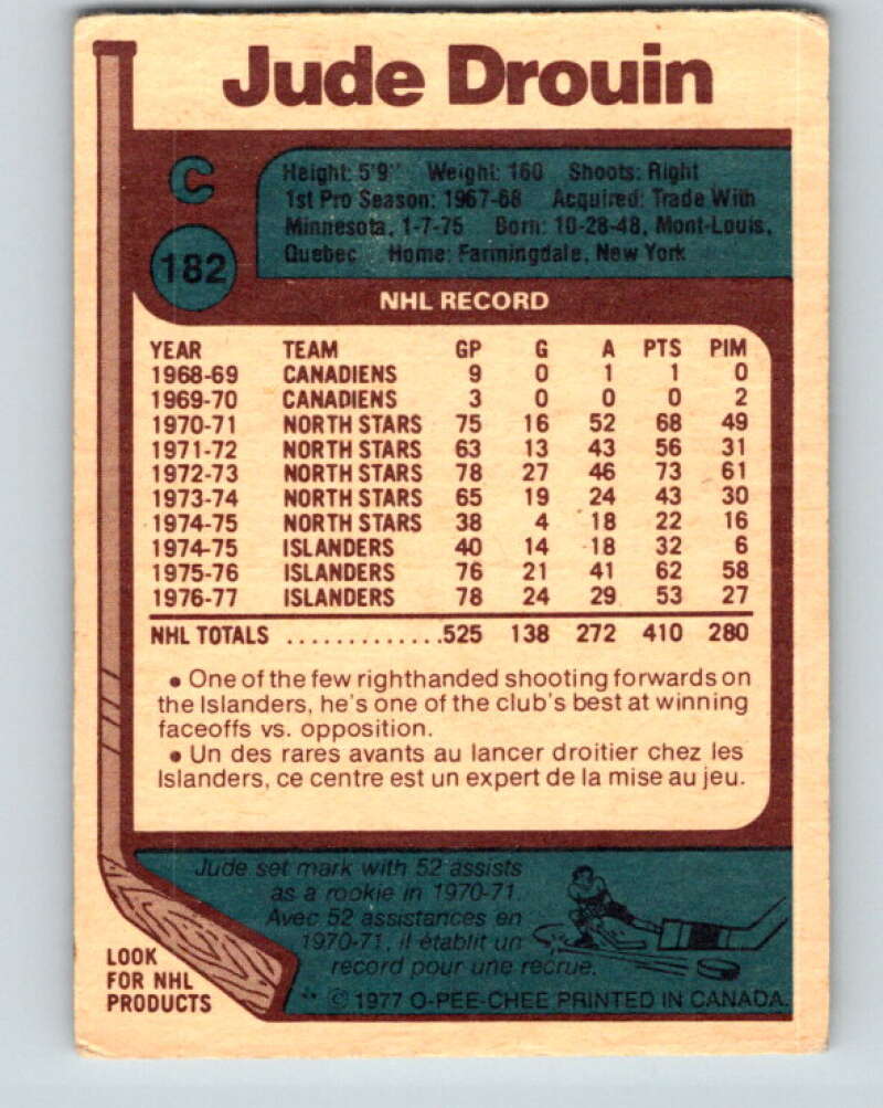 1977-78 O-Pee-Chee #182 Jude Drouin New York Islanders V14210