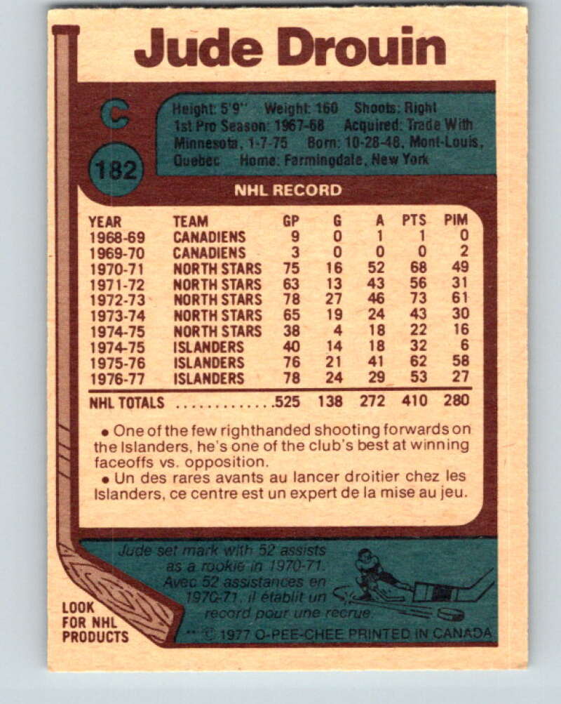 1977-78 O-Pee-Chee #182 Jude Drouin New York Islanders V14211