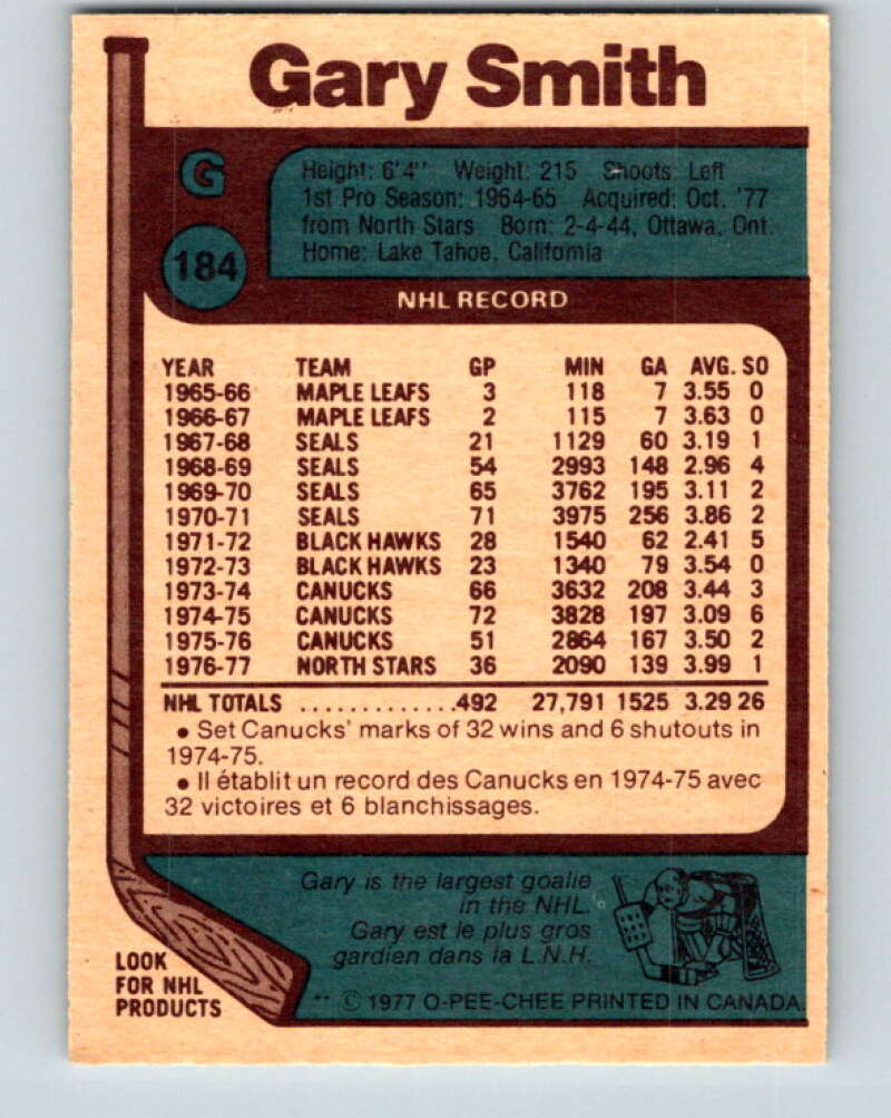 1977-78 O-Pee-Chee #184 Gary Smith Washington Capitals V14224