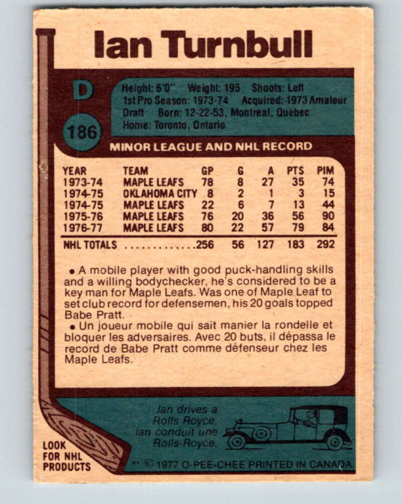 1977-78 O-Pee-Chee #186 Ian Turnbull Toronto Maple Leafs V14228