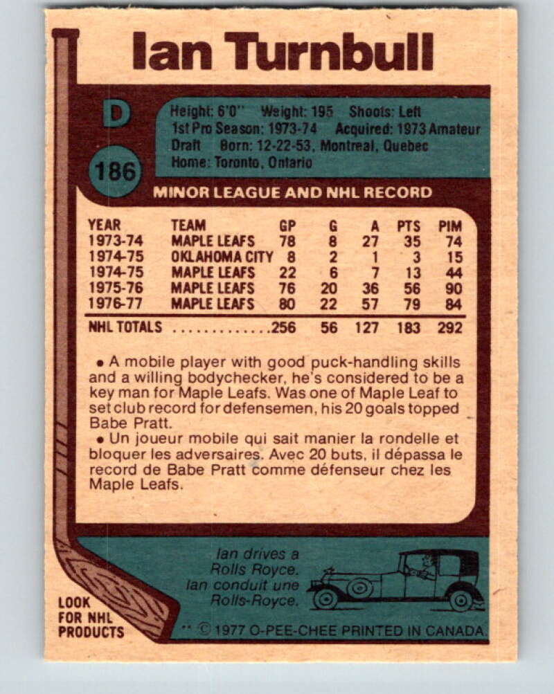 1977-78 O-Pee-Chee #186 Ian Turnbull Toronto Maple Leafs V14230