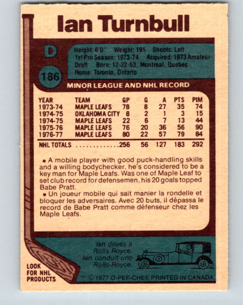 1977-78 O-Pee-Chee #186 Ian Turnbull Toronto Maple Leafs V14232