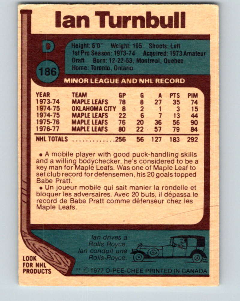 1977-78 O-Pee-Chee #186 Ian Turnbull Toronto Maple Leafs V14233