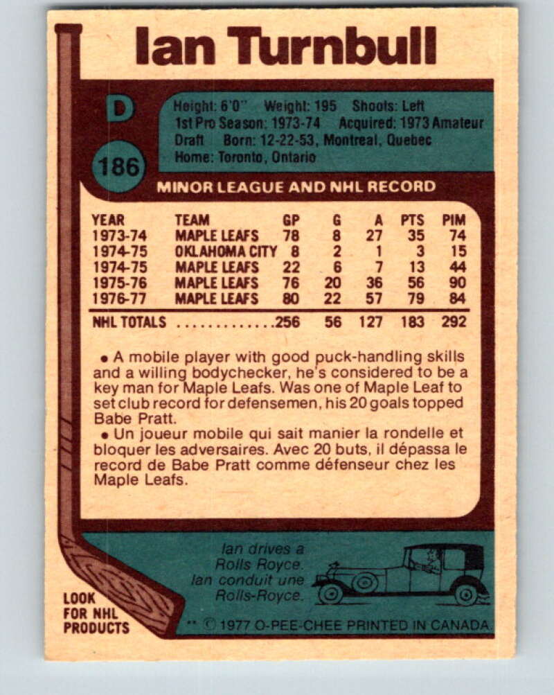 1977-78 O-Pee-Chee #186 Ian Turnbull Toronto Maple Leafs V14234