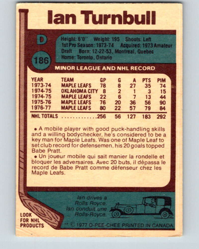 1977-78 O-Pee-Chee #186 Ian Turnbull Toronto Maple Leafs V14236
