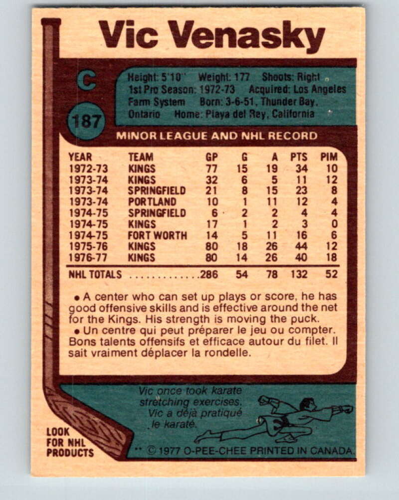 1977-78 O-Pee-Chee #187 Vic Venasky Los Angeles Kings V14238