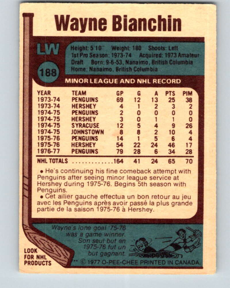 1977-78 O-Pee-Chee #188 Wayne Bianchin RC Rookie Penguins V14248