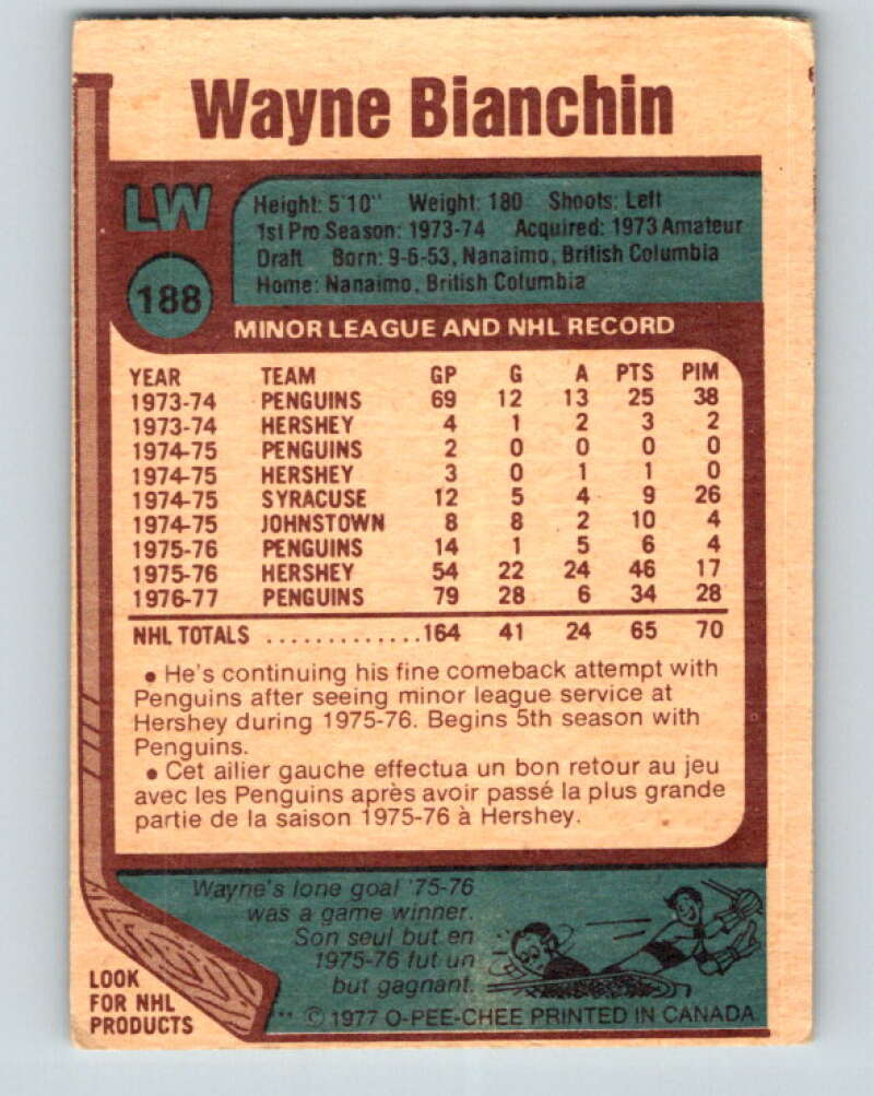 1977-78 O-Pee-Chee #188 Wayne Bianchin RC Rookie Penguins V14249