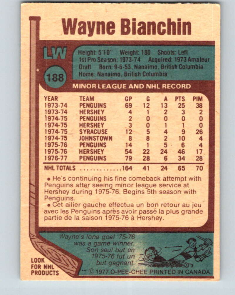 1977-78 O-Pee-Chee #188 Wayne Bianchin RC Rookie Penguins V14251