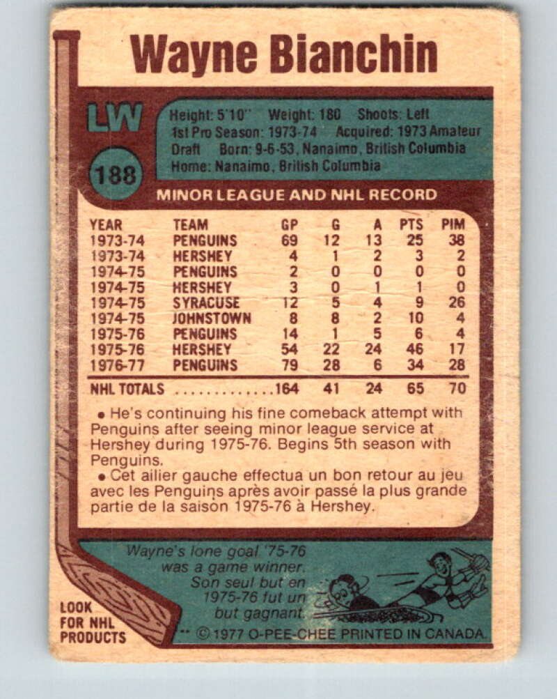 1977-78 O-Pee-Chee #188 Wayne Bianchin RC Rookie Penguins V14252
