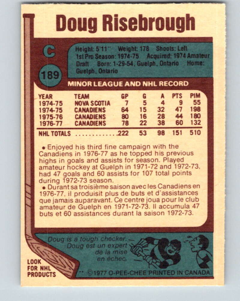 1977-78 O-Pee-Chee #189 Doug Risebrough Montreal Canadiens V14253