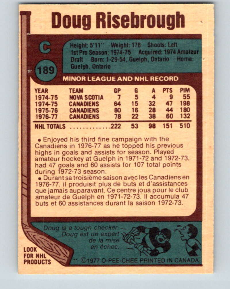 1977-78 O-Pee-Chee #189 Doug Risebrough Montreal Canadiens V14255