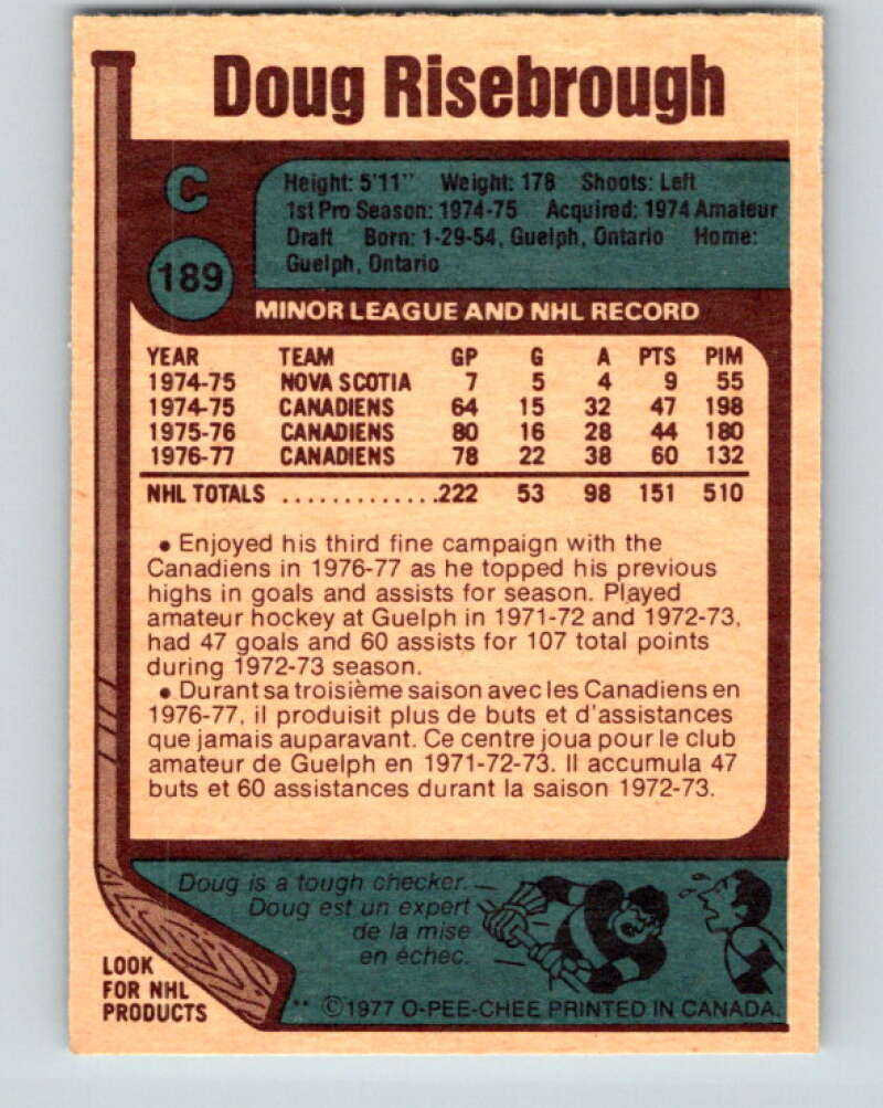 1977-78 O-Pee-Chee #189 Doug Risebrough Montreal Canadiens V14258