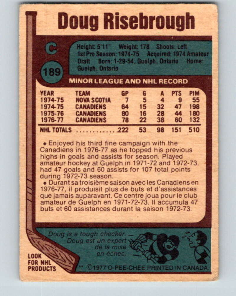 1977-78 O-Pee-Chee #189 Doug Risebrough Montreal Canadiens V14259