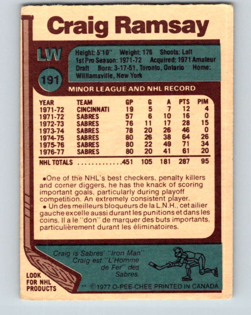 1977-78 O-Pee-Chee #191 Craig Ramsay Buffalo Sabres V14269