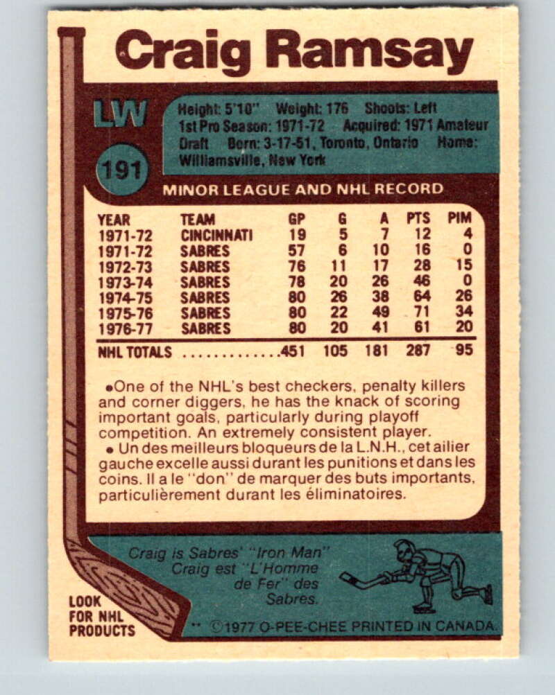 1977-78 O-Pee-Chee #191 Craig Ramsay Buffalo Sabres V14271