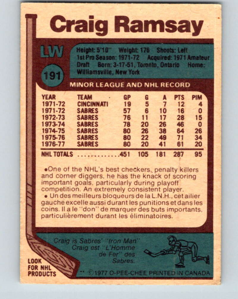 1977-78 O-Pee-Chee #191 Craig Ramsay Buffalo Sabres V14273