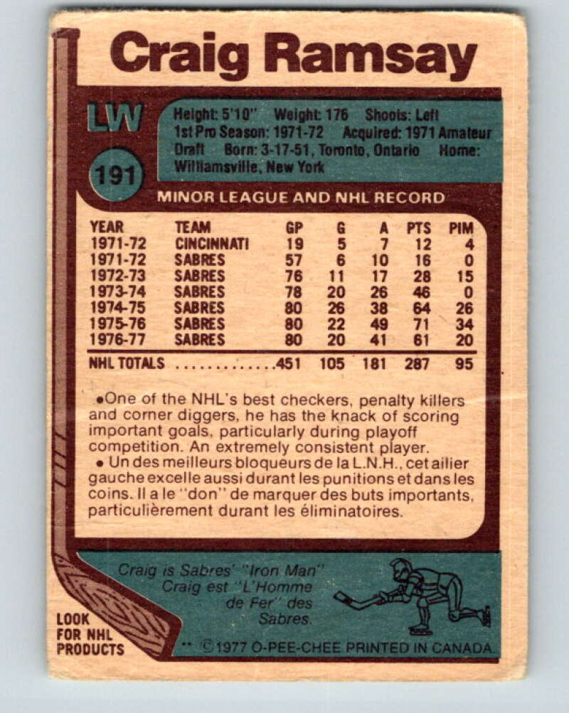 1977-78 O-Pee-Chee #191 Craig Ramsay Buffalo Sabres V14274