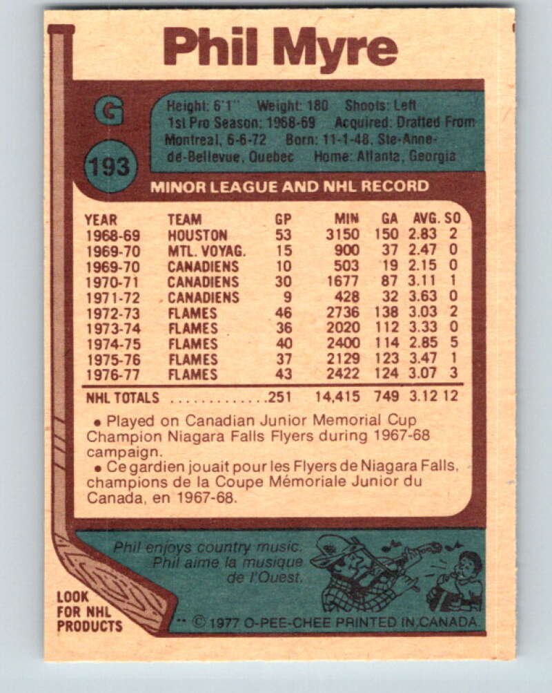 1977-78 O-Pee-Chee #193 Phil Myre Atlanta Flames V14282