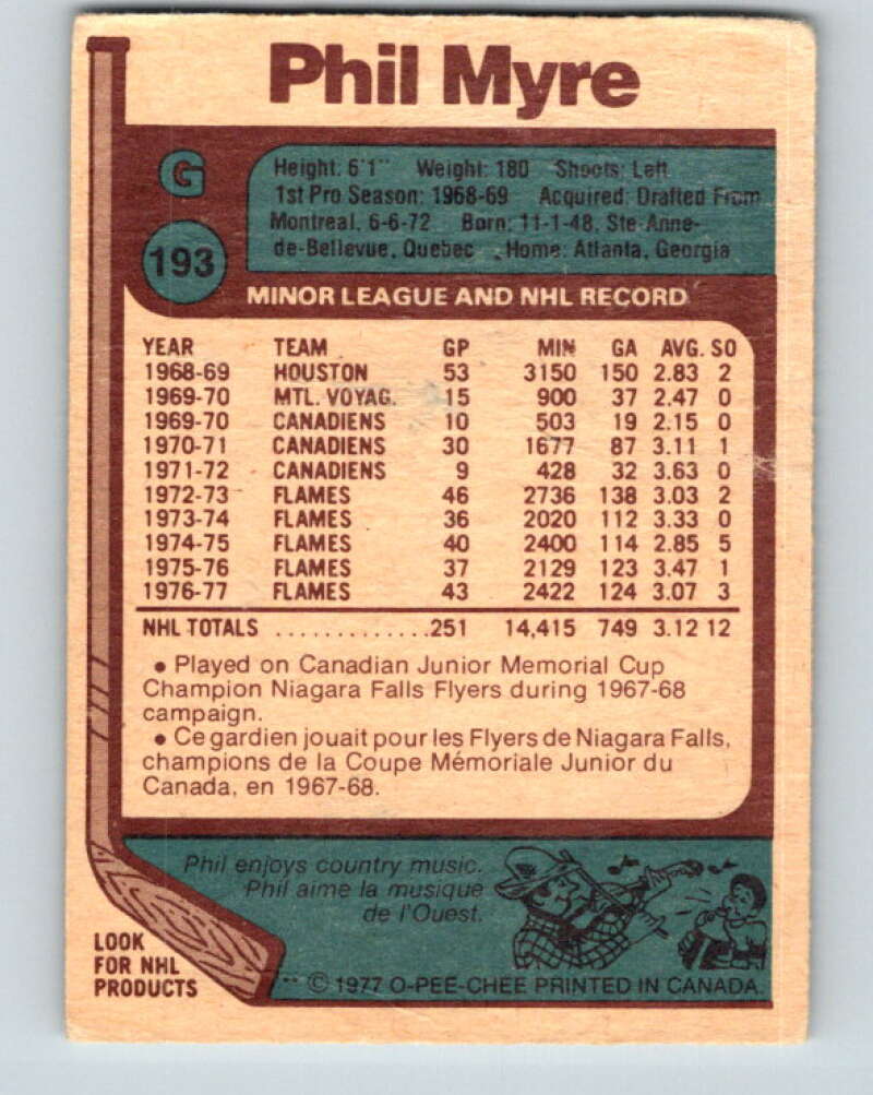 1977-78 O-Pee-Chee #193 Phil Myre Atlanta Flames V14287