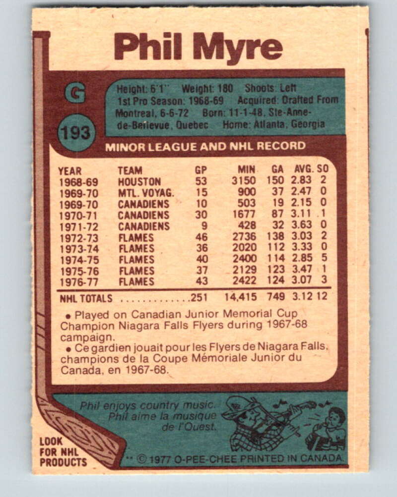 1977-78 O-Pee-Chee #193 Phil Myre Atlanta Flames V14288