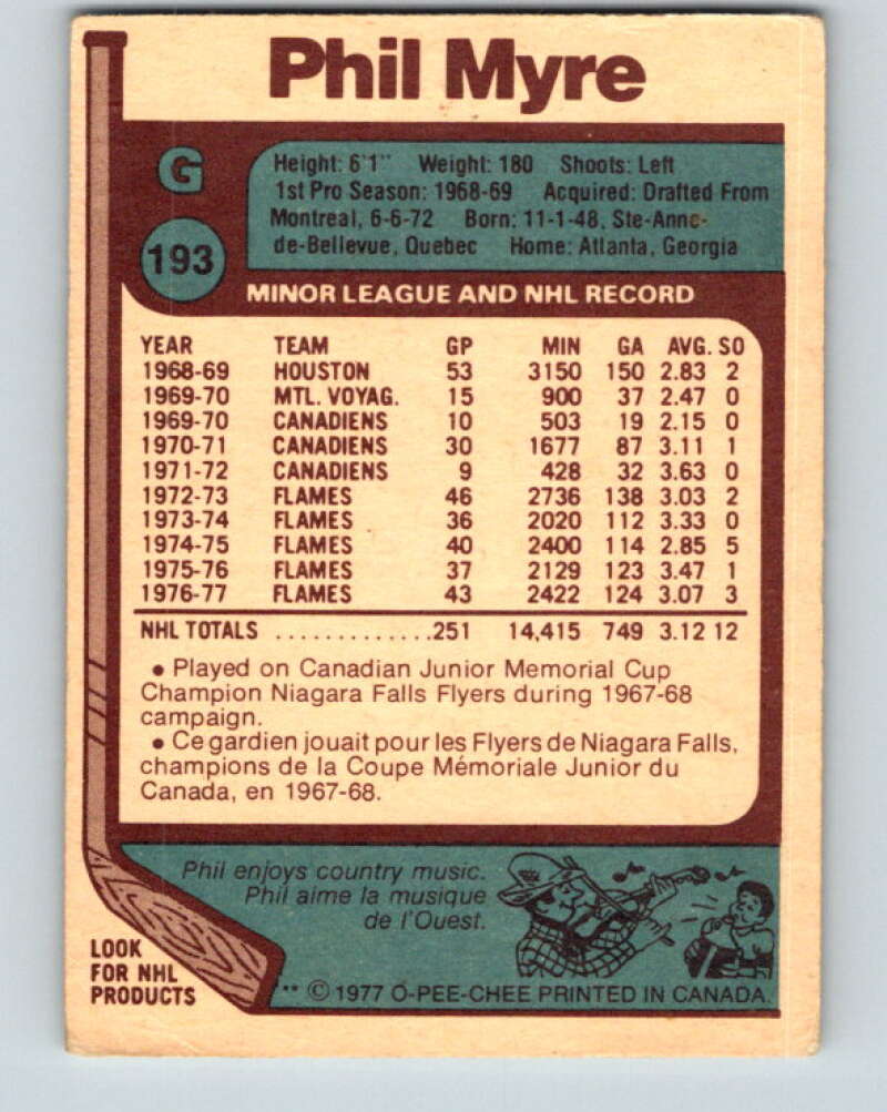1977-78 O-Pee-Chee #193 Phil Myre Atlanta Flames V14289