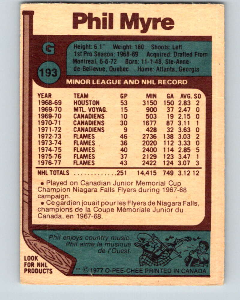 1977-78 O-Pee-Chee #193 Phil Myre Atlanta Flames V14290
