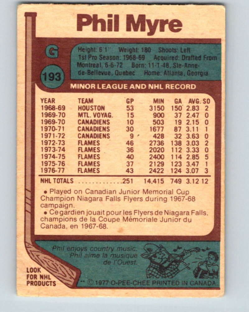 1977-78 O-Pee-Chee #193 Phil Myre Atlanta Flames V14291