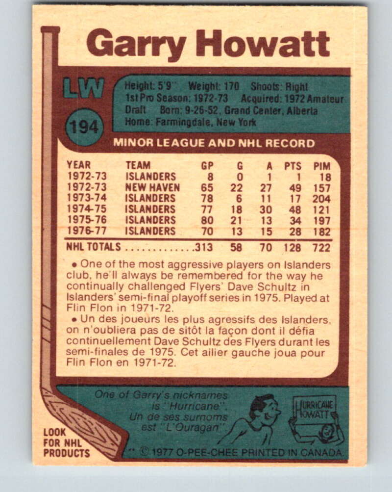1977-78 O-Pee-Chee #194 Garry Howatt New York Islanders V14292