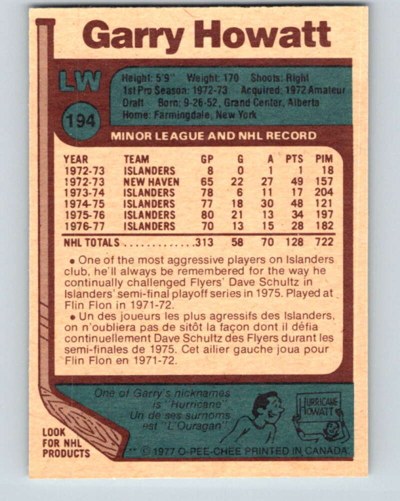 1977-78 O-Pee-Chee #194 Garry Howatt New York Islanders V14293