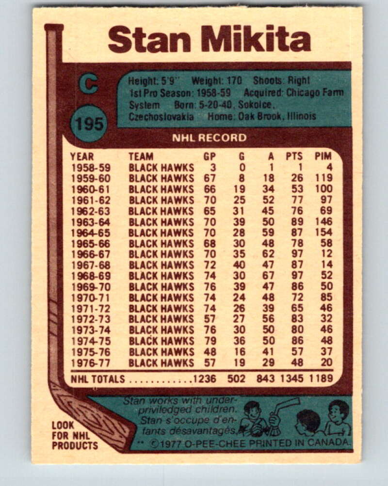 1977-78 O-Pee-Chee #195 Stan Mikita Chicago Blackhawks V14298