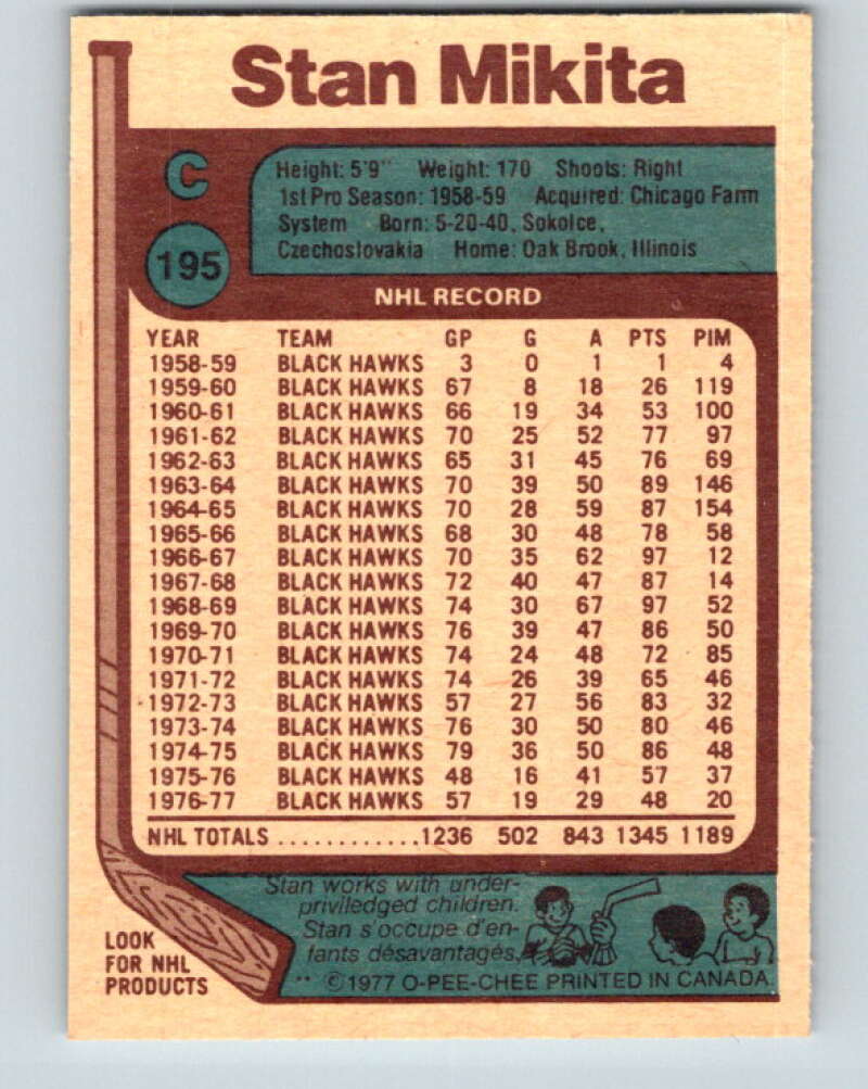 1977-78 O-Pee-Chee #195 Stan Mikita Chicago Blackhawks V14301