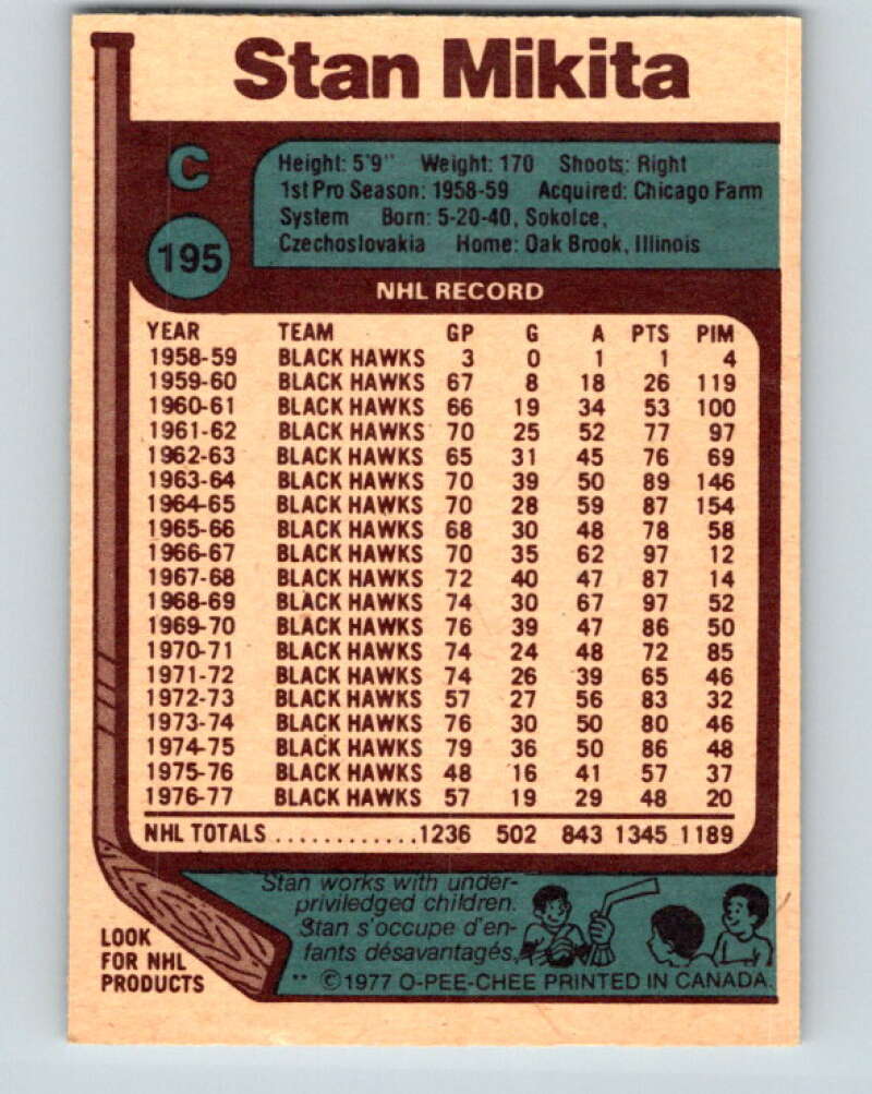 1977-78 O-Pee-Chee #195 Stan Mikita Chicago Blackhawks V14304
