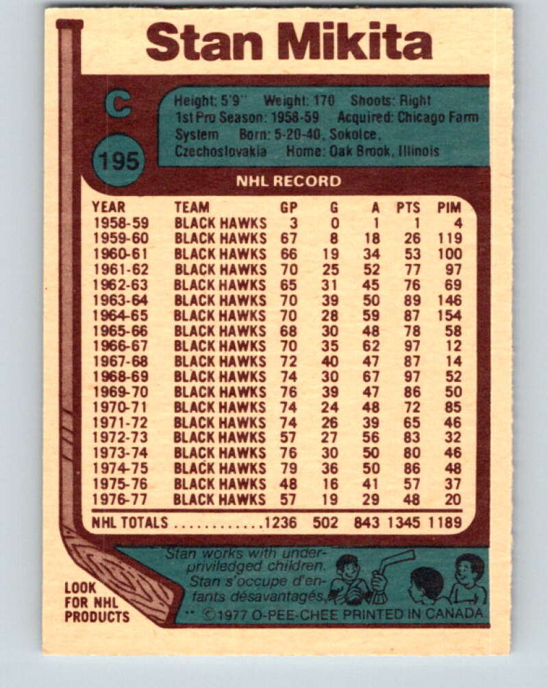 1977-78 O-Pee-Chee #195 Stan Mikita Chicago Blackhawks V14306