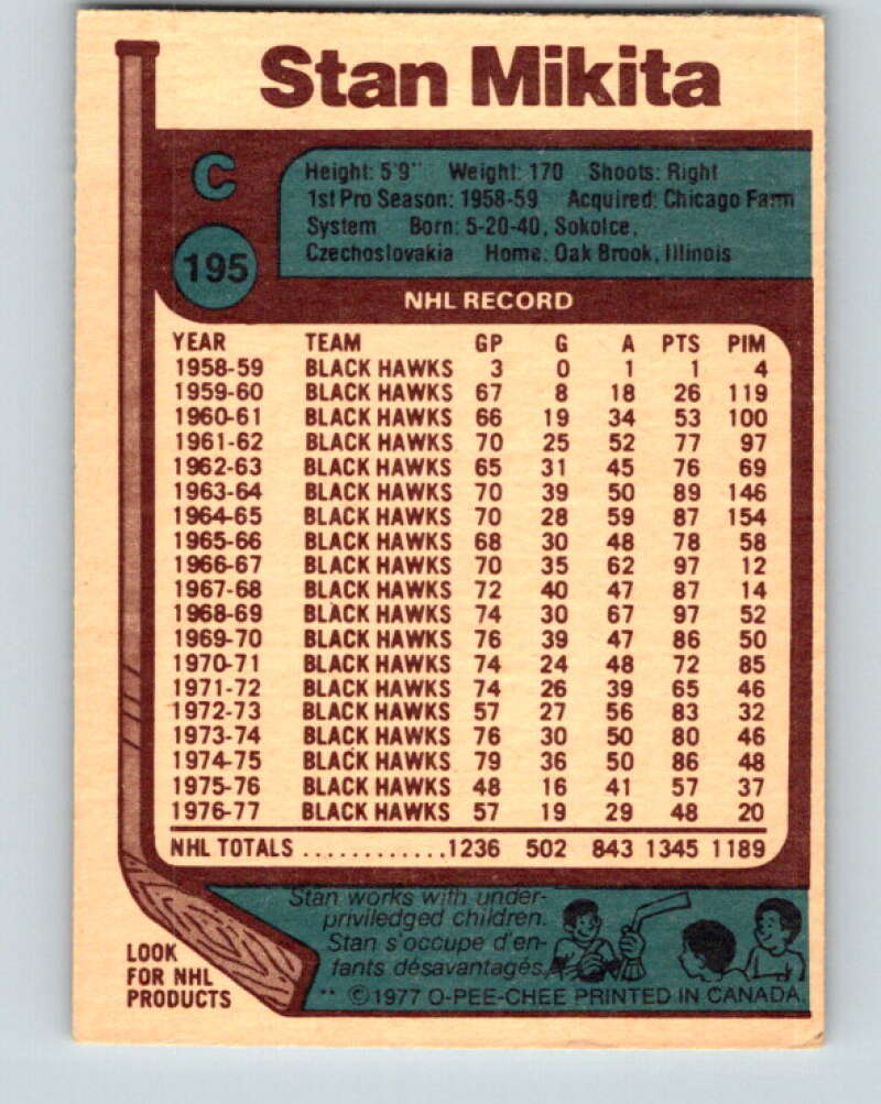 1977-78 O-Pee-Chee #195 Stan Mikita Chicago Blackhawks V14307