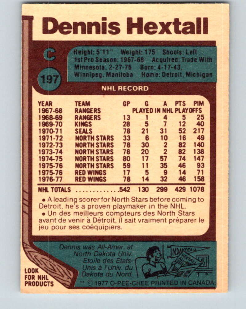 1977-78 O-Pee-Chee #197 Dennis Hextall Detroit Red Wings V14320