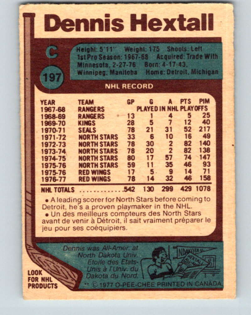 1977-78 O-Pee-Chee #197 Dennis Hextall Detroit Red Wings V14324