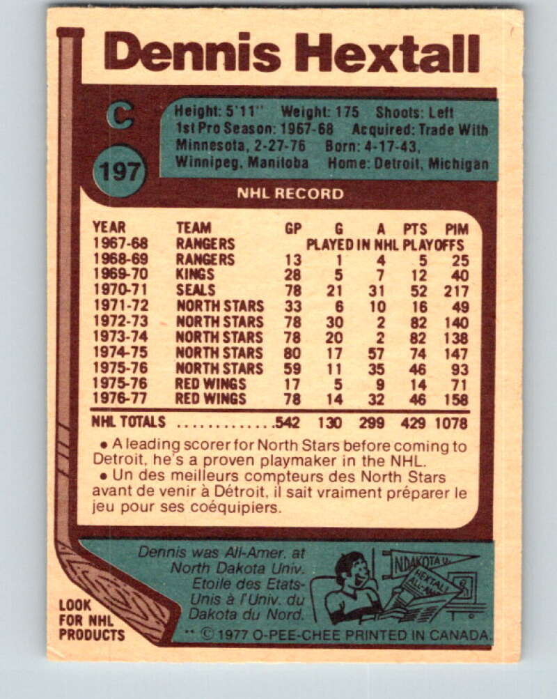 1977-78 O-Pee-Chee #197 Dennis Hextall Detroit Red Wings V14328