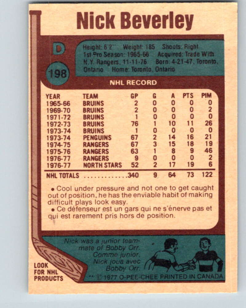1977-78 O-Pee-Chee #198 Nick Beverley Minnesota North Stars V14334